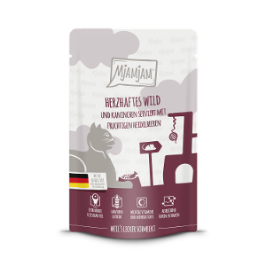 Mjamjam Katten Maaltijdzakje 125g – Stevig wild & konijn met fruitige bosbessen