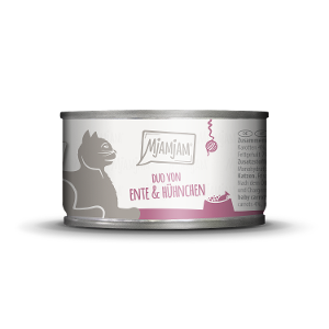 Mjamjam Katten Natvoer Blikje 100g DUO van malse eend & sappige kip met worteltjes