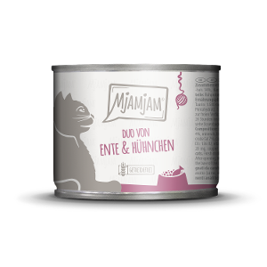 Mjamjam Katten Maaltijd Blikje 200g -DUO van malse eend & sappige kip met worteltjes