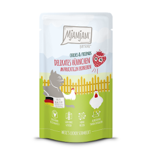Mjamjam Katten Maaltijdzakje 125g Chicks & Friends heerlijke kip met fruitige aardbeien