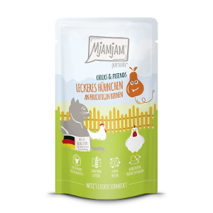 Mjamjam Katten Maaltijdzakje 125g Chicks & Friends heerlijke kip met fruitige peren