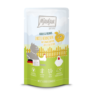 Mjamjam Katten Maaltijdzakje 125g Chicks & Friends malse kip met smaakvolle appelstukjes