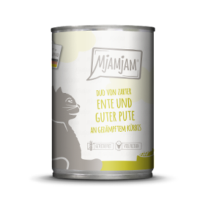 Mjamjam Katten Maaltijd Blik 400g - DUO van malse eend & goede kalkoen met gestoomde pompoen Mjamjam Katten Maaltijd Blik 400g - DUO van malse eend & goede kalkoen met gestoomde pompoen