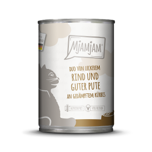 Mjamjam Katten Maaltijd Blik 400g - DUO van heerlijk rundvlees & goede kalkoen met gestoomde pompoen