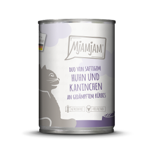 Mjamjam Katten Maaltijd Blik 400g - DUO van sappige kip & konijn met pompoen
