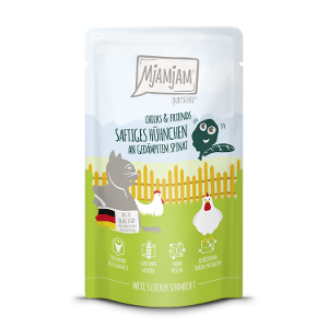 Mjamjam Katten Maaltijdzakje 125g Chicks & Friends sappige kip met gestoomde spinazie