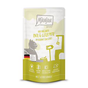 Mjamjam Katten Maaltijdzakje 125g DUO van malse eend & goede kalkoen met gestoomde pompoen