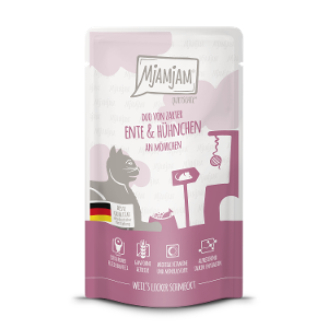 Mjamjam Katten Maaltijdzakje 125g DUO van malse eend & sappige kip op wortel