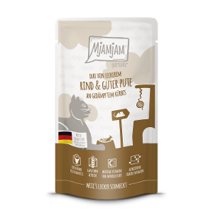 Mjamjam Katten Maaltijdzakje 125g DUO van heerlijk rundvlees & goede kalkoen met gestoomde pompoen