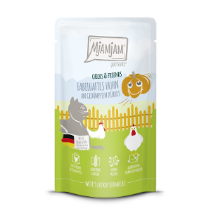 Mjamjam Katten Maaltijdzakje 125g Chicks & Friends heerlijke kip met gestoomde pompoen