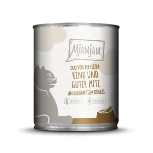 Mjamjam Katten Maaltijd Blik 800g - DUO van heerlijk rundvlees & goede kalkoen met gestoomde pompoen