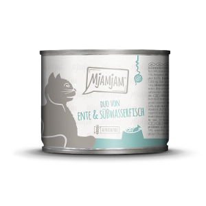 Mjamjam Katten Maaltijd Blikje 200g DUO van malse eend & zoetwatervis op wortel