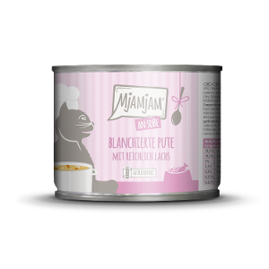 Mjamjam Saus Feest Blikje Kat 185g Geblancheerde kalkoen met veel zalm in saus