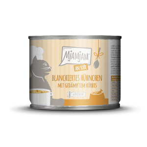 Mjamjam Saus Feest Blikje Kat 185g Geblancheerde kip met gestoomde pompoen in saus