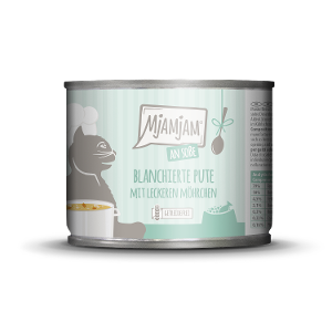 Mjamjam Saus Feest Blikje Kat 185g Geblancheerde kalkoen met worteltjes in saus