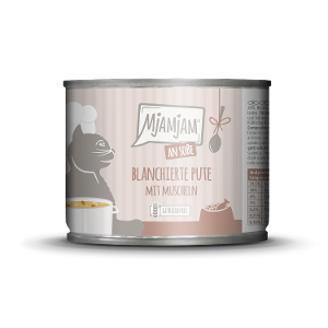 Mjamjam Saus Feest Blikje Kat 185g Geblancheerde kalkoen met mosselen in saus