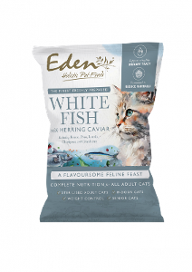 Eden Feline Feast kattenbrokjes 70g probeerverpakking witte vis met haringkaviaar 