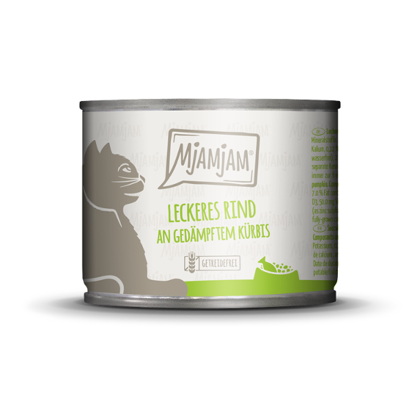 Mjamjam Katten Maaltijd Blikje 200g - heerlijk rundvlees met gestoomde pompoen