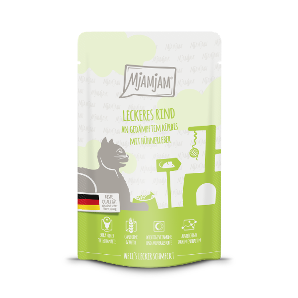 Mjamjam Katten Maaltijdzakje 125g - Heerlijk rundvlees met gestoomde pompoen Mjamjam Katten Maaltijdzakje 125g - Heerlijk rundvlees met gestoomde pompoen