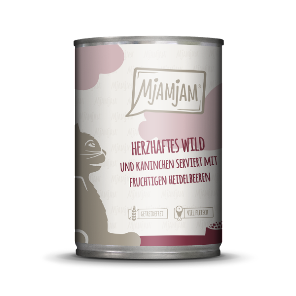 Mjamjam Katten Maaltijd Blik 400g - Stevig wild & konijn met fruitige bosbessen