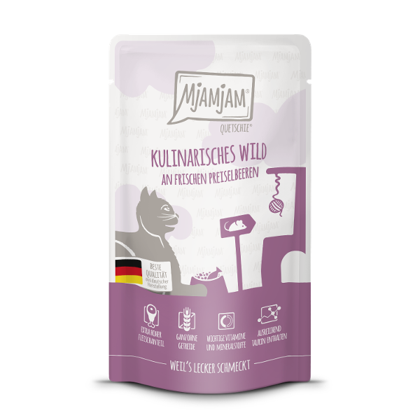 Mjamjam Katten maaltijdzakje 125g culinaire wild met verse veenbessen Mjamjam Katten maaltijdzakje 125g culinaire wild met verse veenbessen