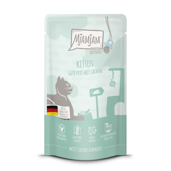 Mjamjam Kitten Zakje 125g kalkoen met zalmolie Mjamjam Kitten Zakje 125g kalkoen met zalmolie