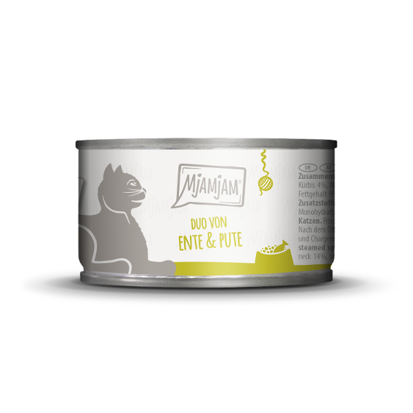 Mjamjam Katten Natvoer Blikje 100g DUO van malse eend & goede kalkoen met gestoomde pompoen