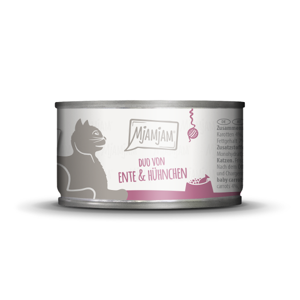 Mjamjam Katten Natvoer Blikje 100g DUO van malse eend & sappige kip met worteltjes