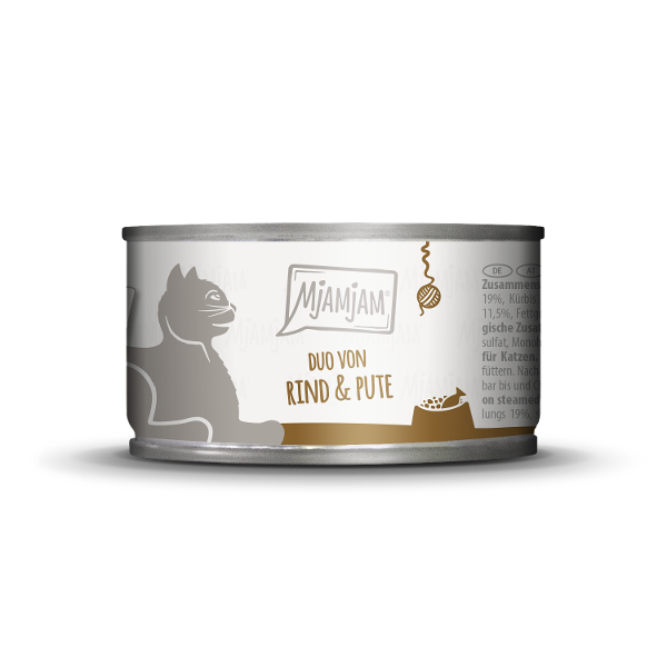 Mjamjam Katten Natvoer Blikje 100g DUO van heerlijk rundvlees & goede kalkoen met gestoomde pompoen Mjamjam Katten Natvoer Blikje 100g DUO van heerlijk rundvlees & goede kalkoen met gestoomde pompoen