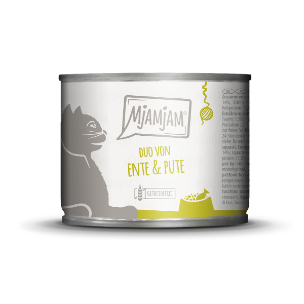 Mjamjam Katten Maaltijd Blikje 200g -DUO van malse eend & goede kalkoen met gestoomde pompoen