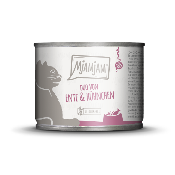 Mjamjam Katten Maaltijd Blikje 200g -DUO van malse eend & sappige kip met worteltjes