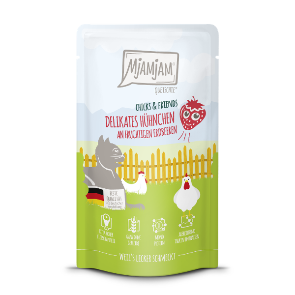 Mjamjam Katten Maaltijdzakje 125g Chicks & Friends heerlijke kip met fruitige aardbeien Mjamjam Katten Maaltijdzakje 125g Chicks & Friends heerlijke kip met fruitige aardbeien