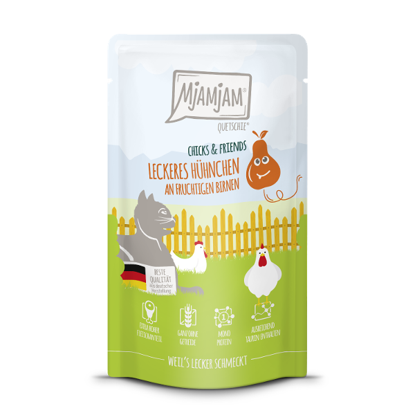 Mjamjam Katten Maaltijdzakje 125g Chicks & Friends heerlijke kip met fruitige peren Mjamjam Katten Maaltijdzakje 125g Chicks & Friends heerlijke kip met fruitige peren