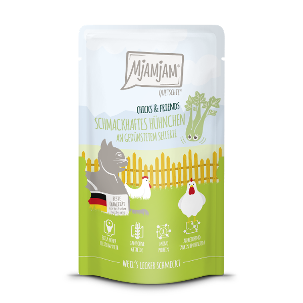 Mjamjam Katten Maaltijdzakje 125g Chicks & Friends smakelijke kip met gestoomde bleekselderij Mjamjam Katten Maaltijdzakje 125g Chicks & Friends smakelijke kip met gestoomde bleekselderij