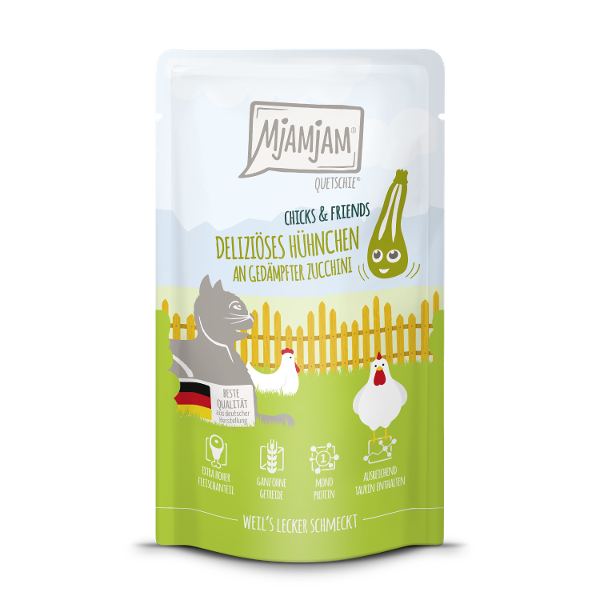 Mjamjam Katten Maaltijdzakje 125g Chicks & Friends heerlijke kip met gestoomde courgette Mjamjam Katten Maaltijdzakje 125g Chicks & Friends heerlijke kip met gestoomde courgette