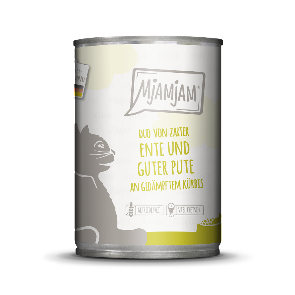 Mjamjam Katten Maaltijd Blik 400g - DUO van malse eend & goede kalkoen met gestoomde pompoen