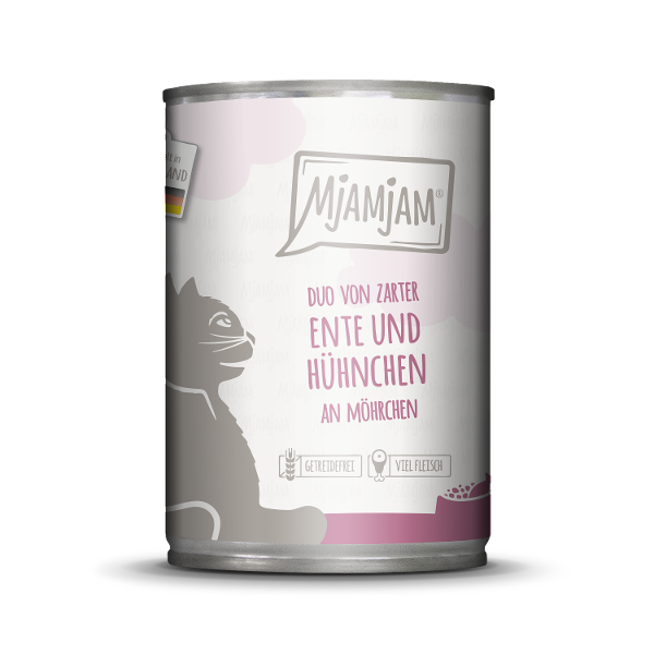 Mjamjam Katten Maaltijd Blik 400g - DUO van malse eend & sappige kip met worteltjes