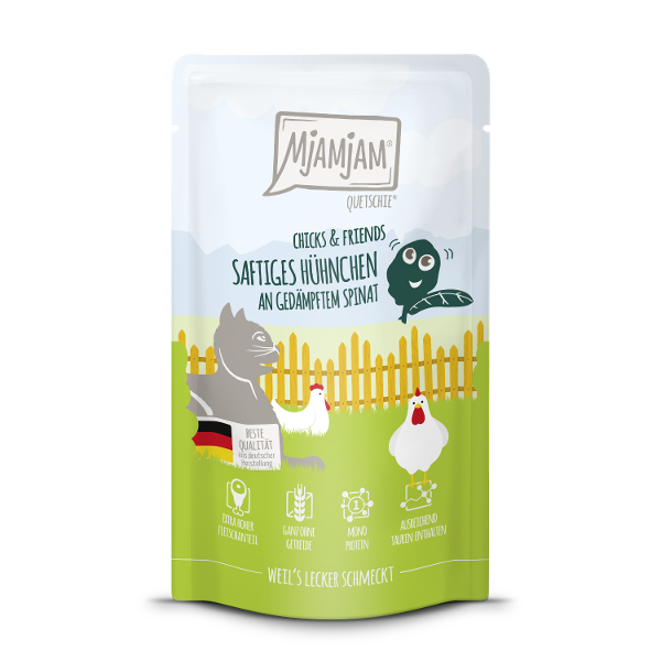 Mjamjam Katten Maaltijdzakje 125g Chicks & Friends sappige kip met gestoomde spinazie Mjamjam Katten Maaltijdzakje 125g Chicks & Friends sappige kip met gestoomde spinazie
