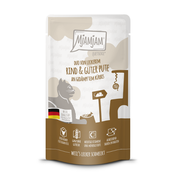 Mjamjam Katten Maaltijdzakje 125g DUO van heerlijk rundvlees & goede kalkoen met gestoomde pompoen Mjamjam Katten Maaltijdzakje 125g DUO van heerlijk rundvlees & goede kalkoen met gestoomde pompoen