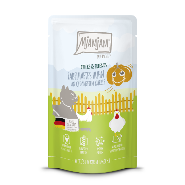 Mjamjam Katten Maaltijdzakje 125g Chicks & Friends heerlijke kip met gestoomde pompoen Mjamjam Katten Maaltijdzakje 125g Chicks & Friends heerlijke kip met gestoomde pompoen