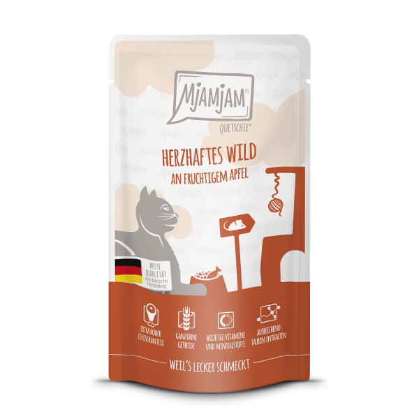 Mjamjam Katten maaltijdzakje 125g Quetschie stevig wildvlees met fruitige appel Mjamjam Katten maaltijdzakje 125g Quetschie stevig wildvlees met fruitige appel