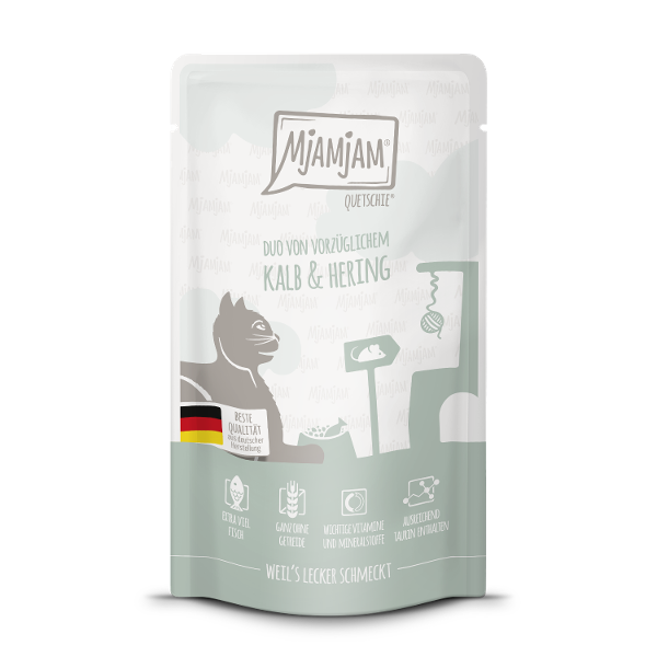 Mjamjam Katten maaltijdzakje 125g DUO van voortreffelijke kalfs- en haringschotel Mjamjam Katten maaltijdzakje 125g DUO van voortreffelijke kalfs- en haringschotel