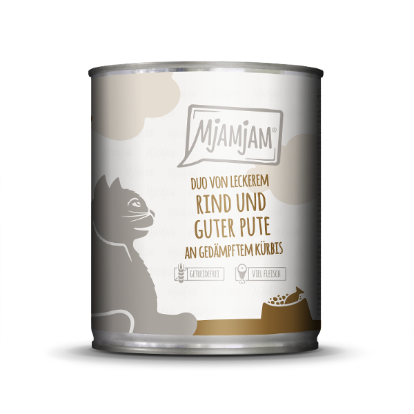 Mjamjam Katten Maaltijd Blik 800g - DUO van heerlijk rundvlees & goede kalkoen met gestoomde pompoen Mjamjam Katten Maaltijd Blik 800g - DUO van heerlijk rundvlees & goede kalkoen met gestoomde pompoen