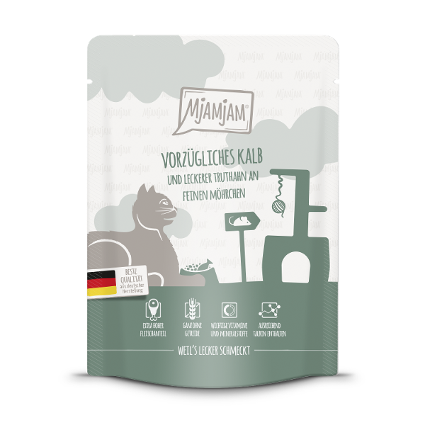 Mjamjam Katten Zakje 300g - Uitstekend kalfsvlees en kalkoen met heerlijke wortelen
