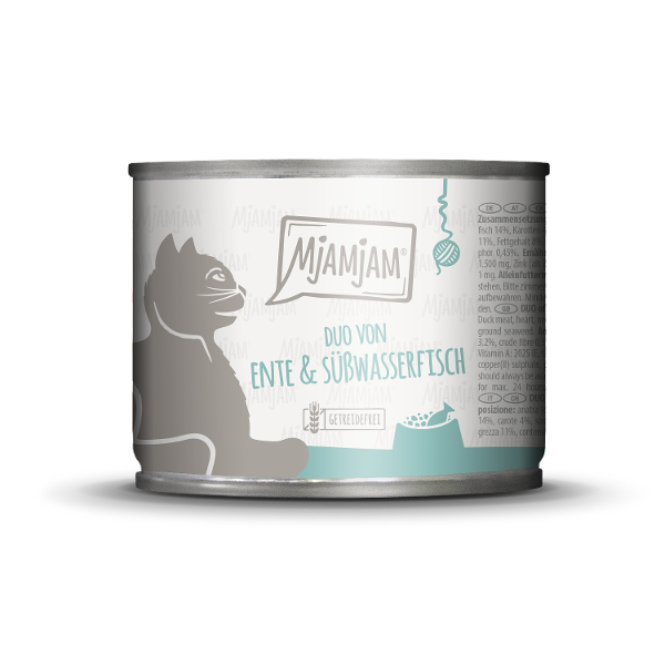 Mjamjam Katten Maaltijd Blikje 200g DUO van malse eend & zoetwatervis op wortel