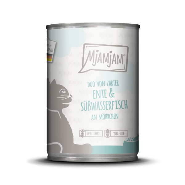 Mjamjam Katten Maaltijd Blik 400g DUO van eend & zoetwatervis Mjamjam Katten Maaltijd Blik 400g DUO van eend & zoetwatervis