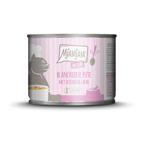 Mjamjam Saus Feest Blikje Kat 185g Geblancheerde kalkoen met veel zalm in saus