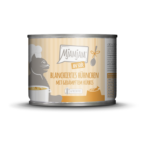 Mjamjam Saus Feest Blikje Kat 185g Geblancheerde kip met gestoomde pompoen in saus