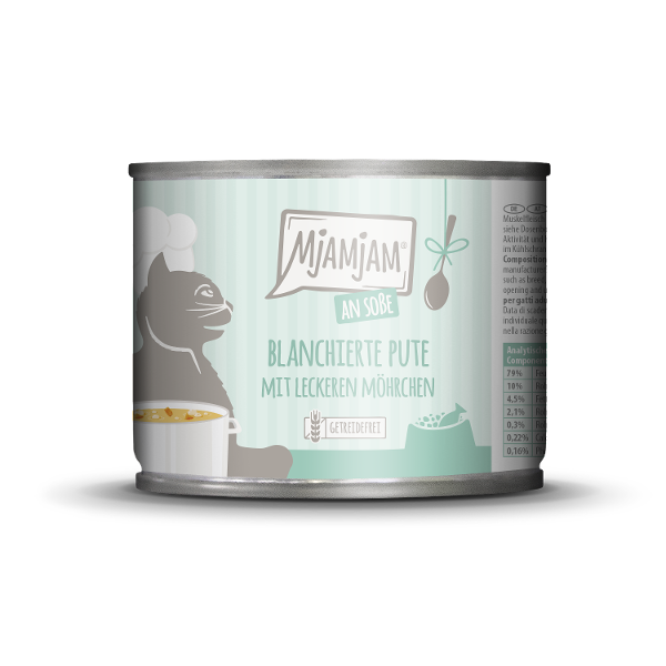 Mjamjam Saus Feest Blikje Kat 185g Geblancheerde kalkoen met worteltjes in saus Mjamjam Saus Feest Blikje Kat 185g Geblancheerde kalkoen met worteltjes in saus
