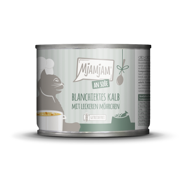 Mjamjam Saus Feest Blikje Kat 185g Geblancheerd kalfsvlees met worteltjes in saus Mjamjam Saus Feest Blikje Kat 185g Geblancheerd kalfsvlees met worteltjes in saus